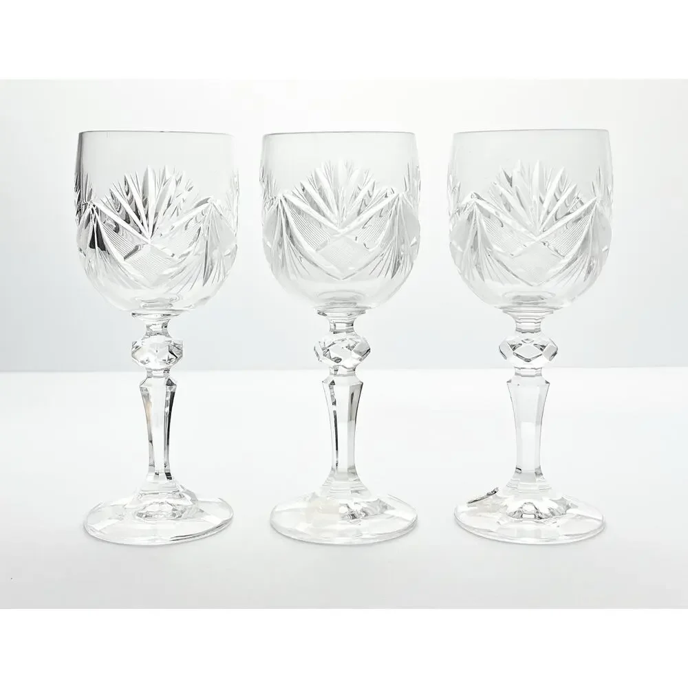 1980s Vintage 3 Crystal Wine Glasses 6 3/4” 8oz Fan & Cross Hatch Cuts, Barware - Picture 2 of 5